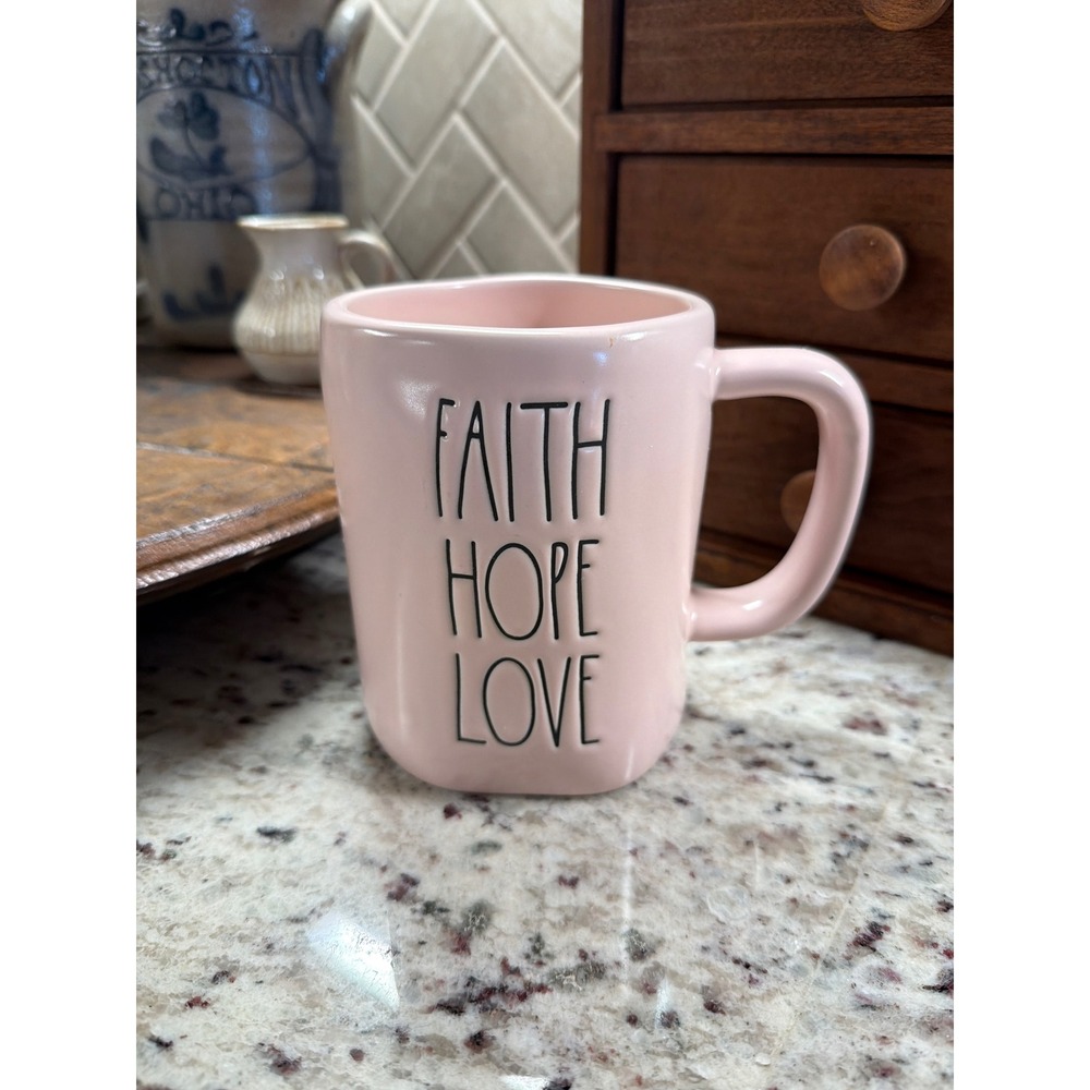Rae Dunn FAITH HOPE LOVE Pink Ceramic Mug Black Long Lettering